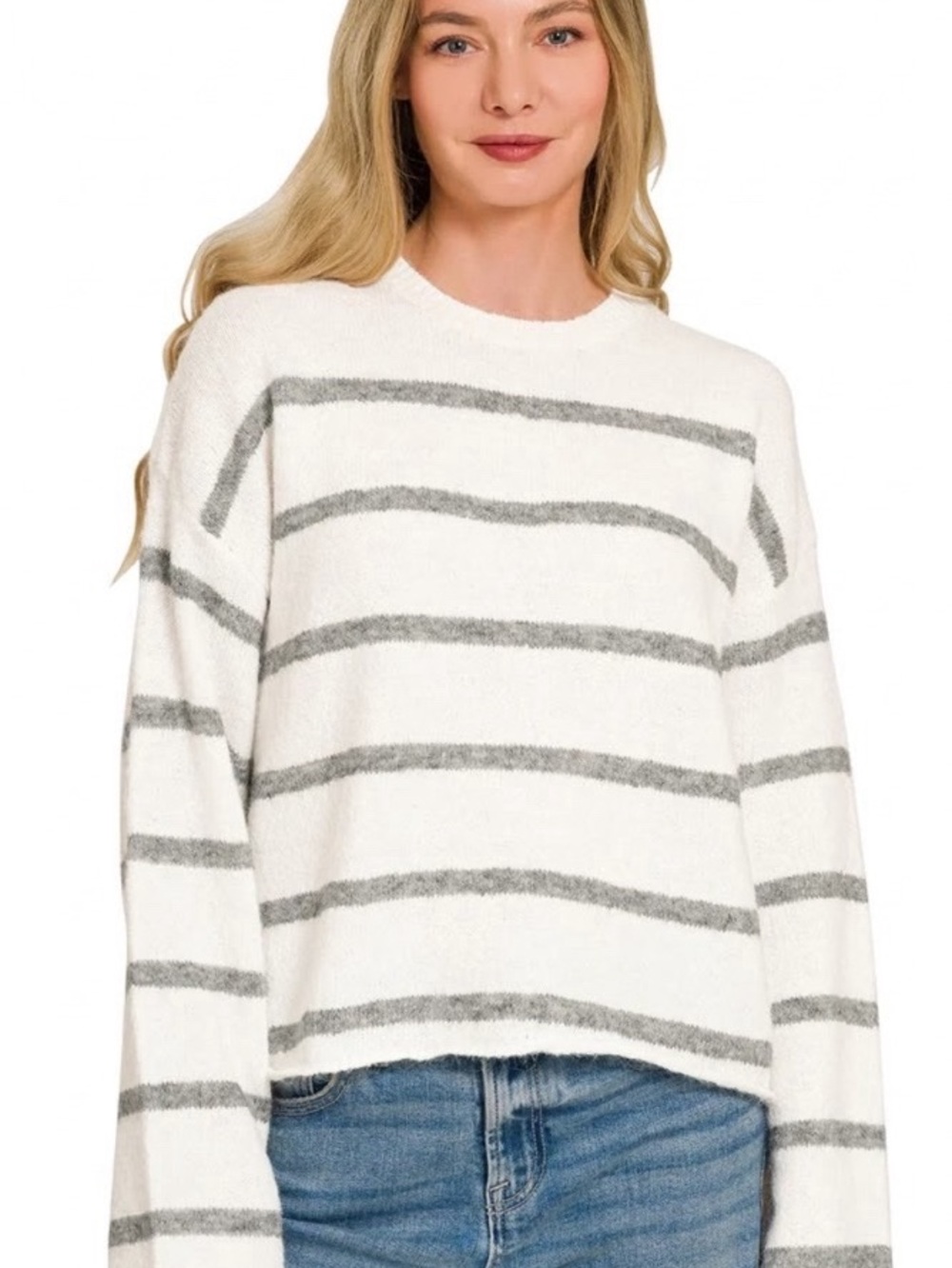 Zenana Outfitters H Gray Striped Crewneck Sweater